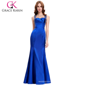 Grace Karin Sexy V-cuello de la espalda de espalda azul real largos vestidos de novia formal moldeado CL4603